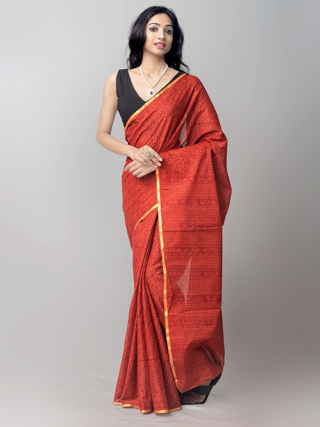 

Unnati Silks Red & Golden Bagh Zari Handloom Sustainable Pure Cotton Venkatgiri Saree