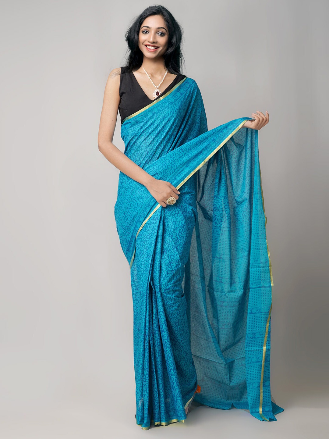 

Unnati Silks Blue & Golden Bagh Zari Handloom Sustainable Pure Cotton Venkatgiri Saree