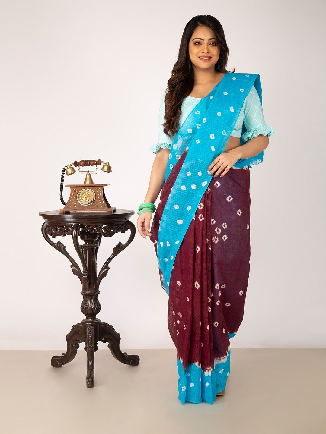 

Unnati Silks Brown & Blue Bandhani Pure Cotton Kota Saree
