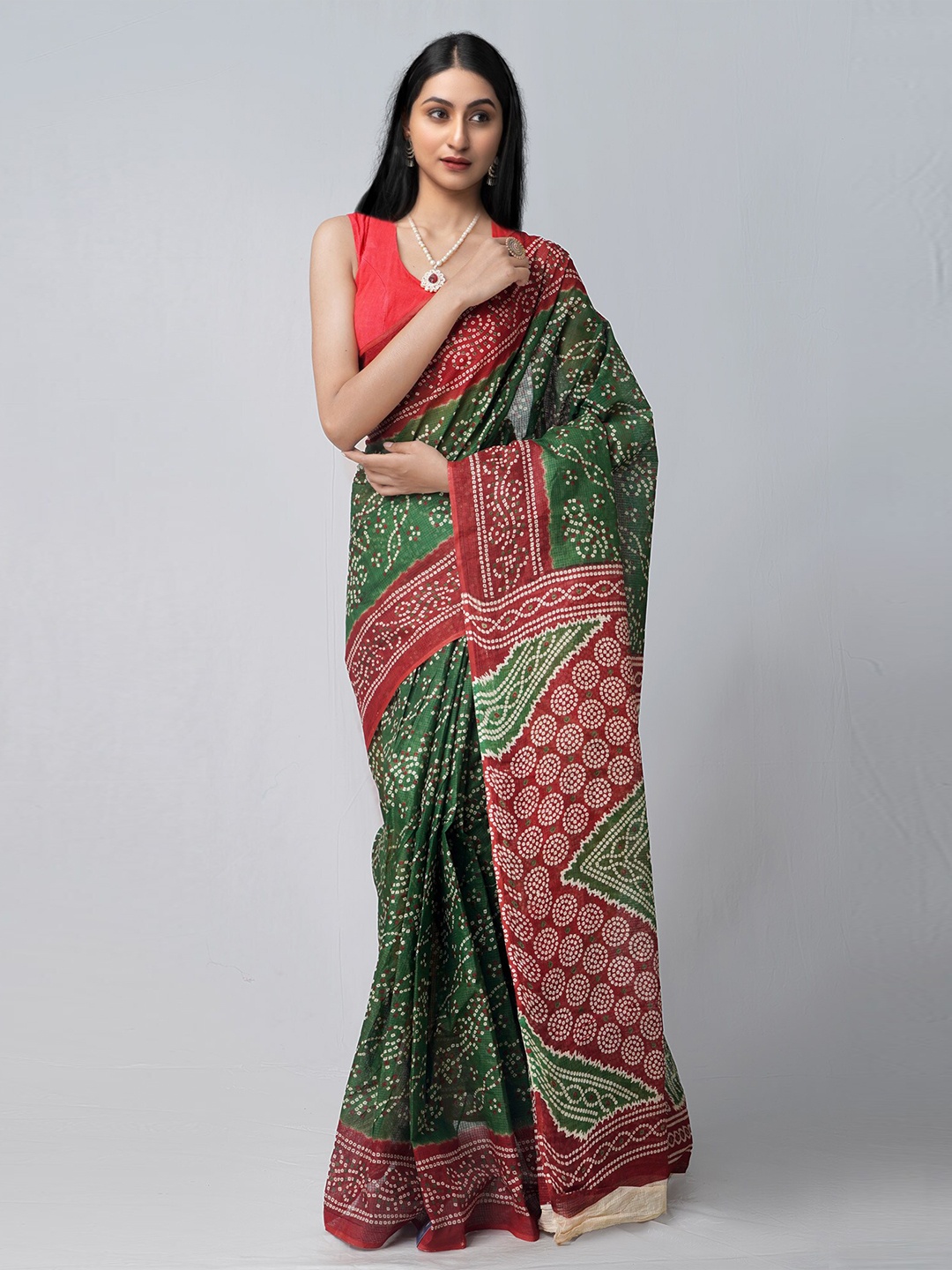 

Unnati Silks Green & Maroon Bandhani Pure Cotton Kota Saree