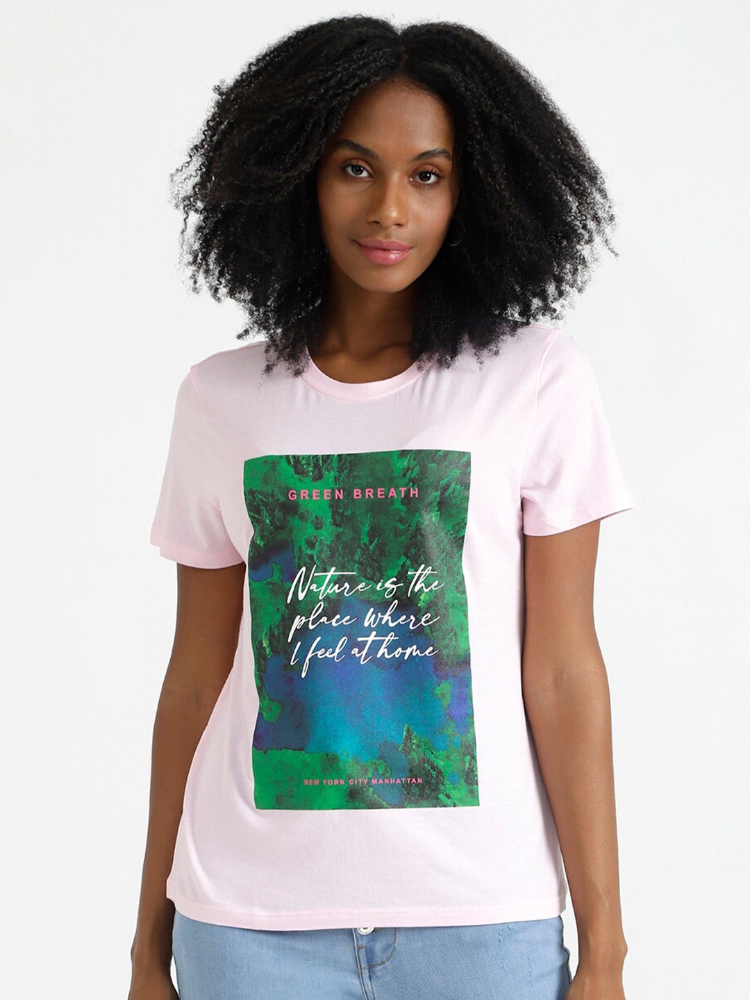 

United Colors of Benetton Women Pink & Green Typography Printed Pure Cotton T-shirt