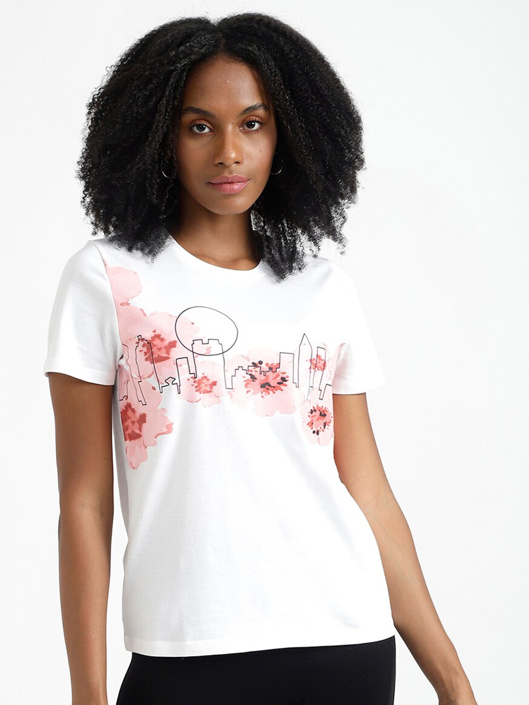 

United Colors of Benetton Women White Floral Printed Cotton T-shirt