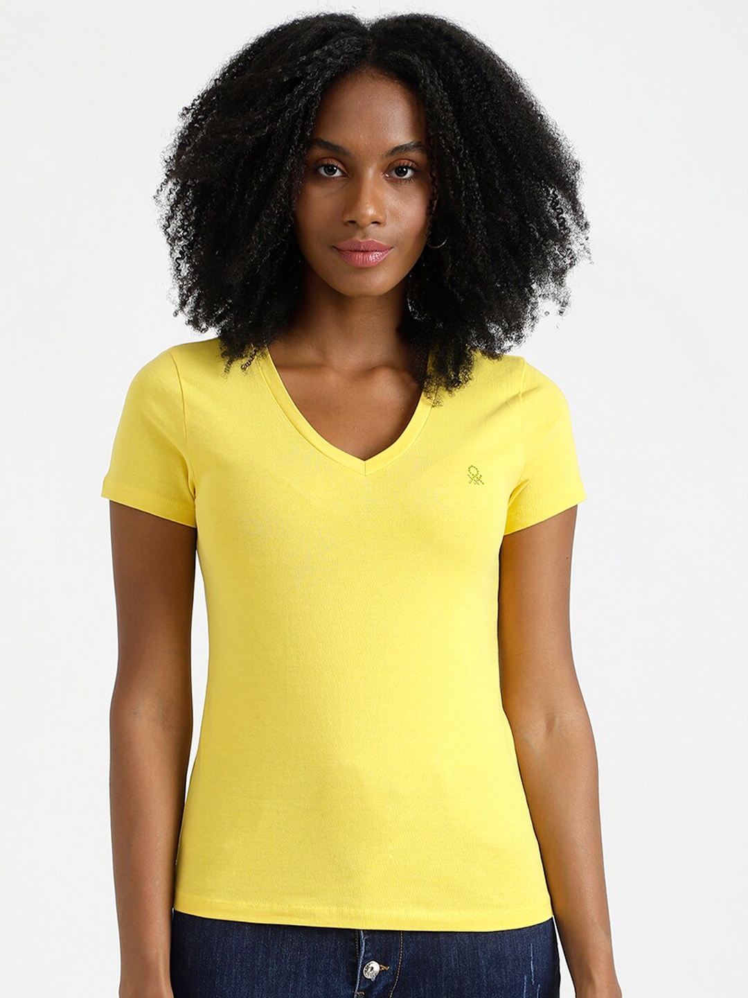 

United Colors of Benetton Yellow Solid Cotton V-Neck T-shirt