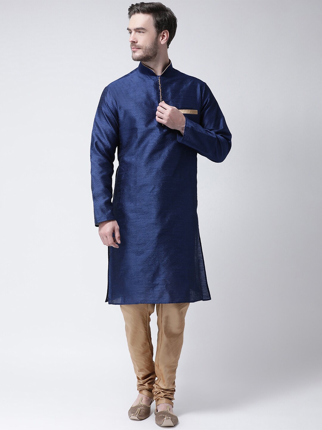 

SG LEMAN Men Navy Blue Raw Silk Kurta with Churidar