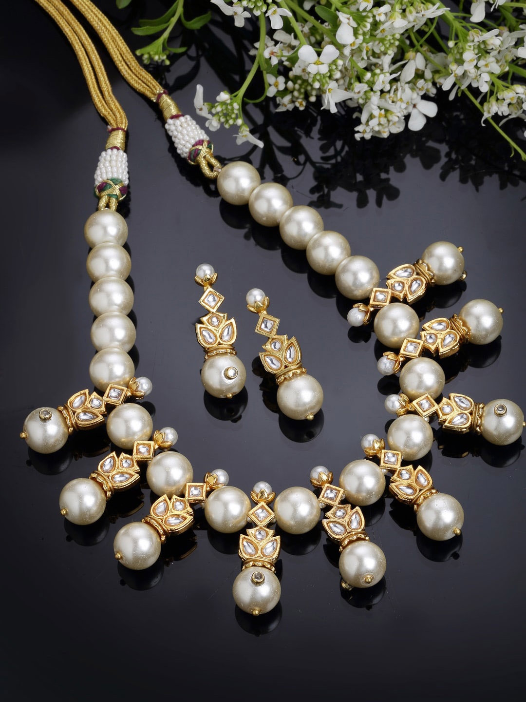 

DUGRISTYLE Gold-Plated Off White & White Kundan Beaded & Studded Jewellery Set