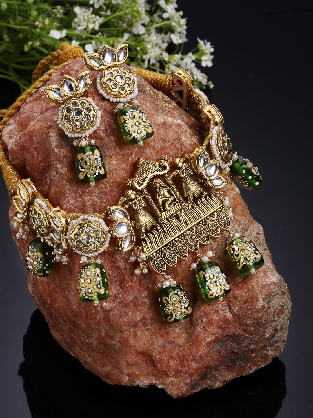 

DUGRISTYLE Gold-Plated Green Stone-Studded & Beaded Jewellery Set