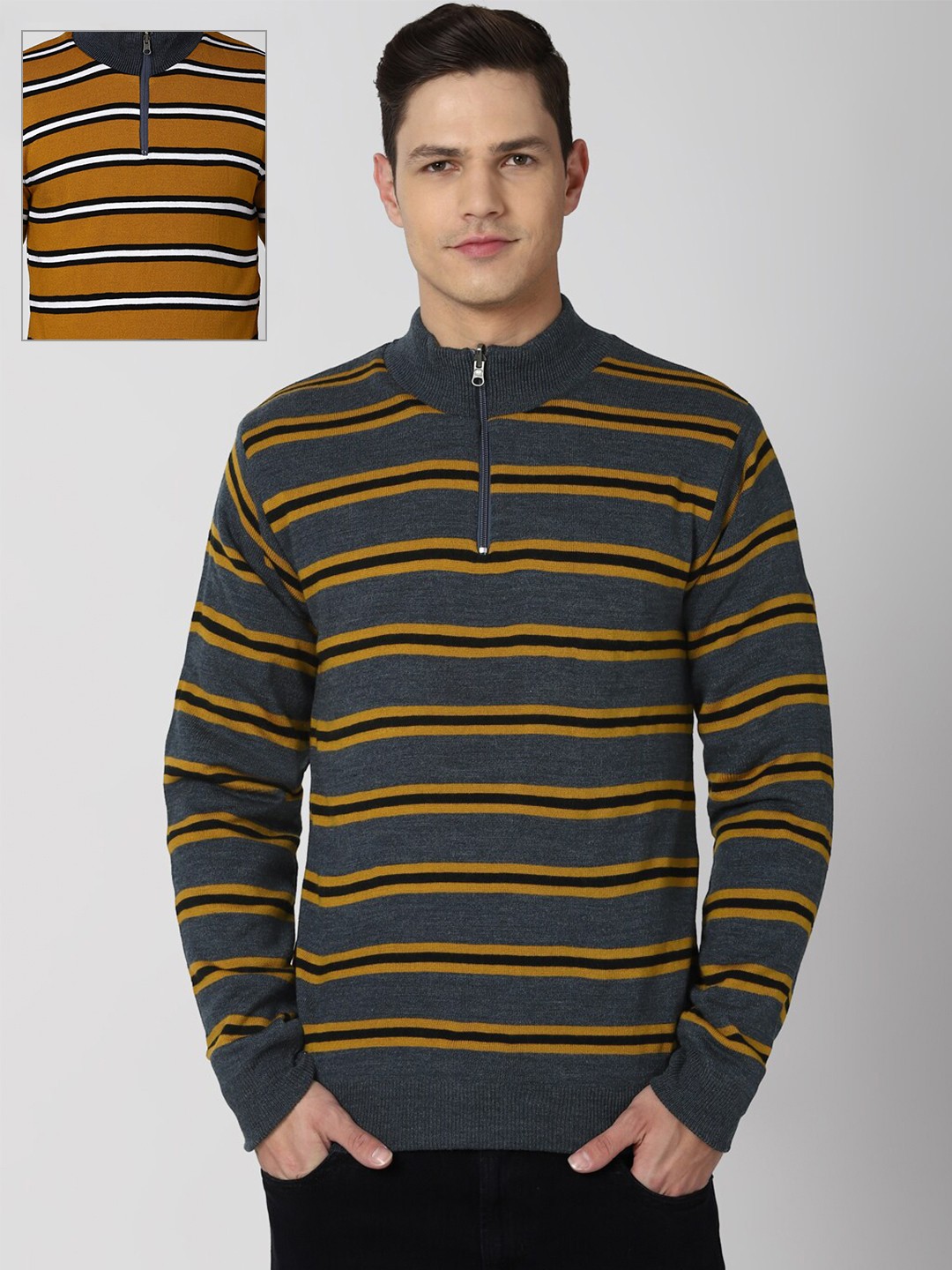 

Peter England Casuals Men Grey & Yellow Striped Pullover Pack Of 2