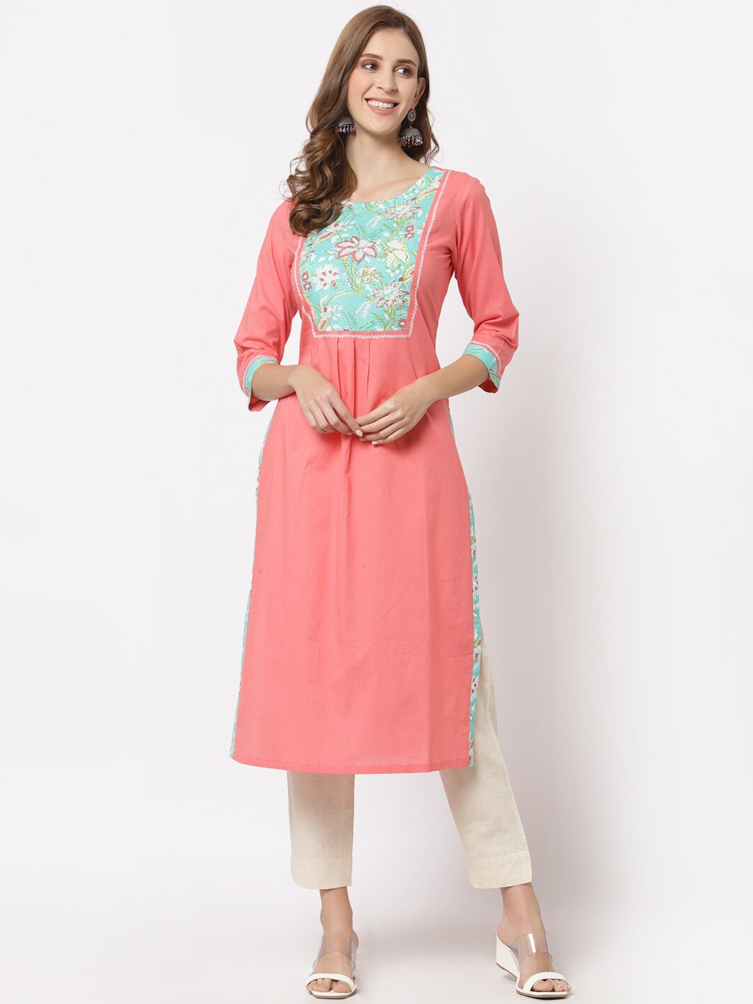 

KAMI KUBI Women Peach-Coloured Ethnic Motifs Yoke Design Gotta Patti Kurta