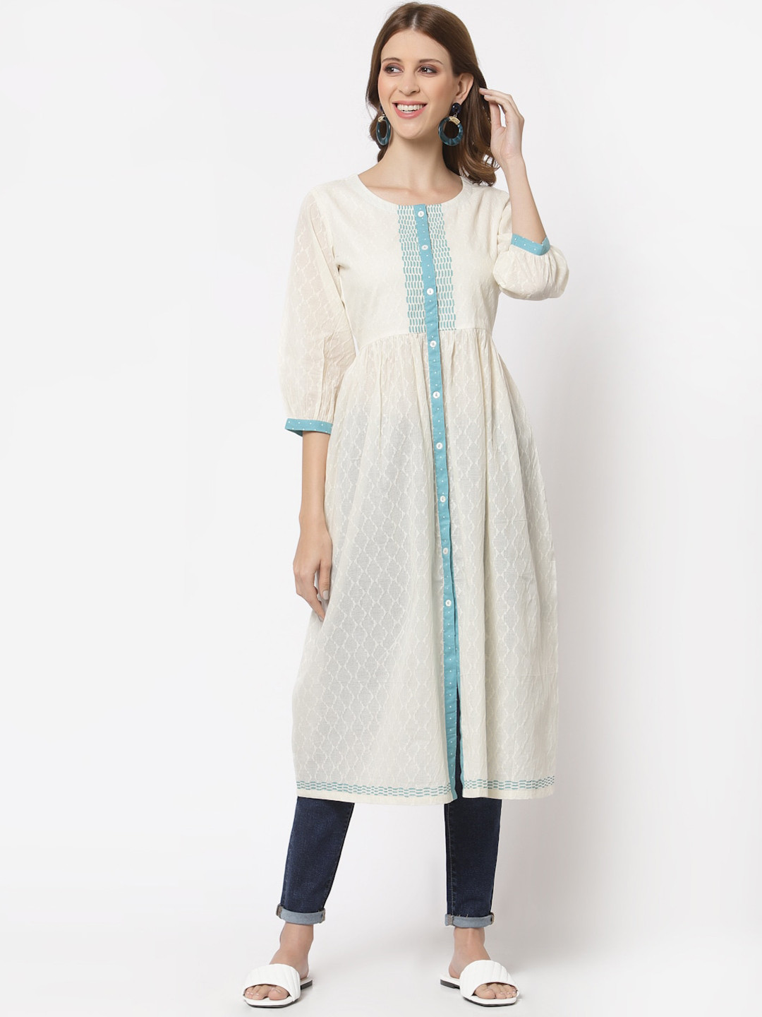 

KAMI KUBI Women White & Blue Striped Pure Cotton Kurta