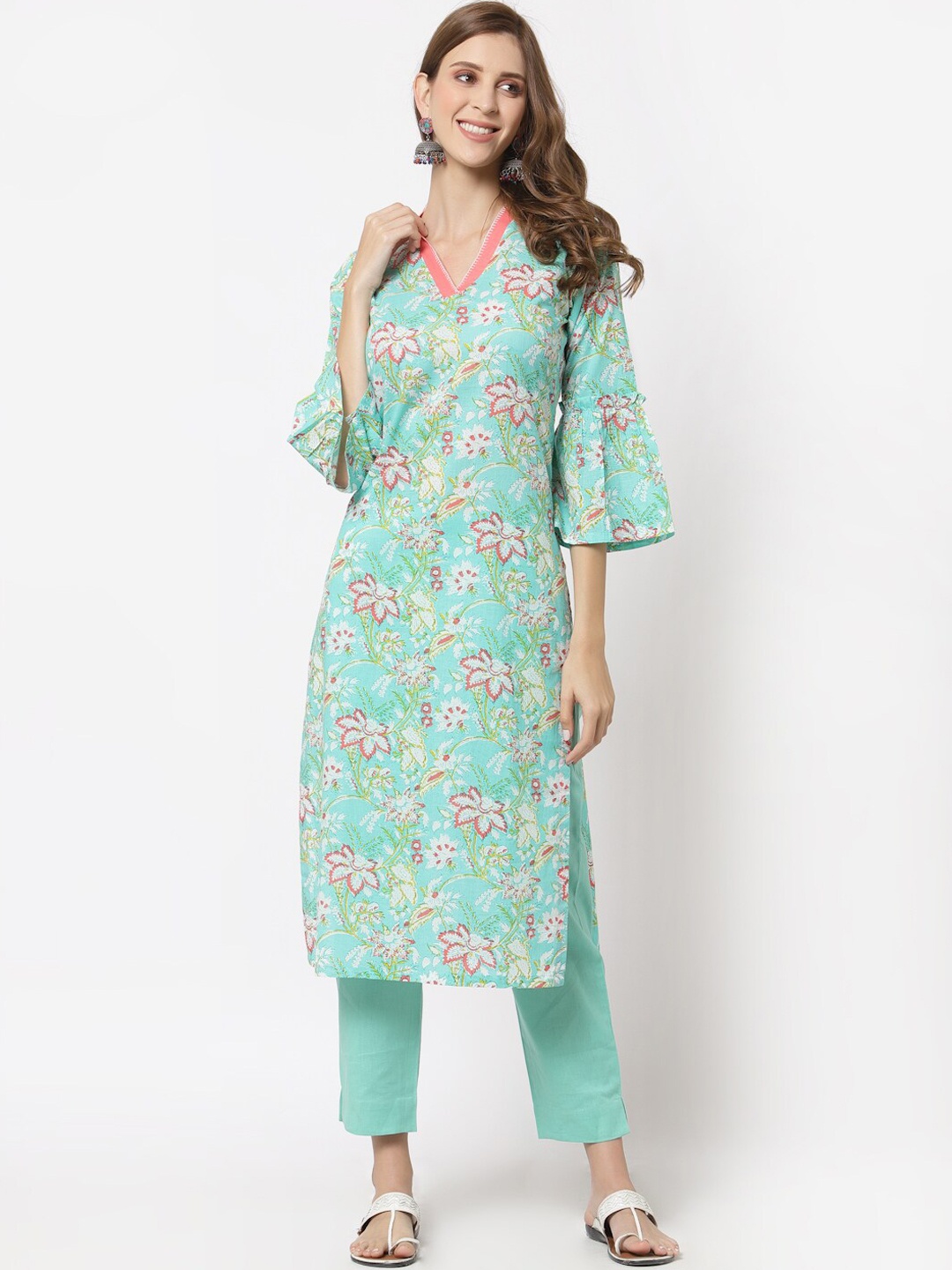 

KAMI KUBI Women Green Floral Printed Flared Sleeves Kurta