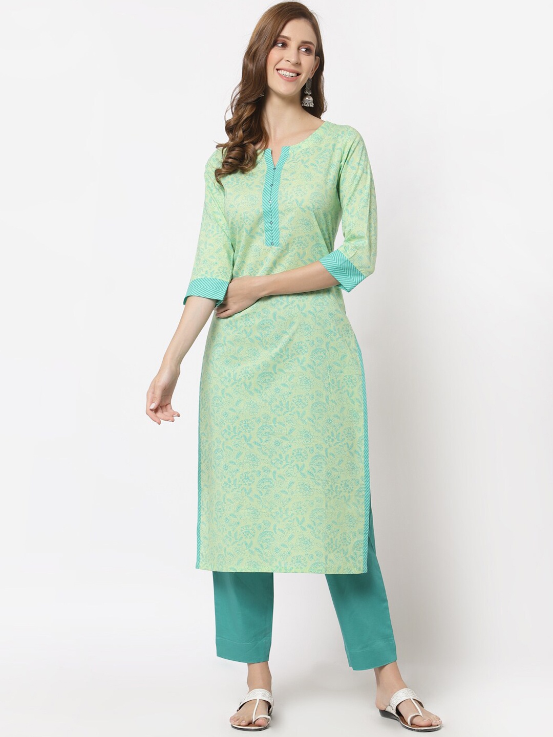 

KAMI KUBI Women Green & Blue Floral Printed Pure Cotton Kurta