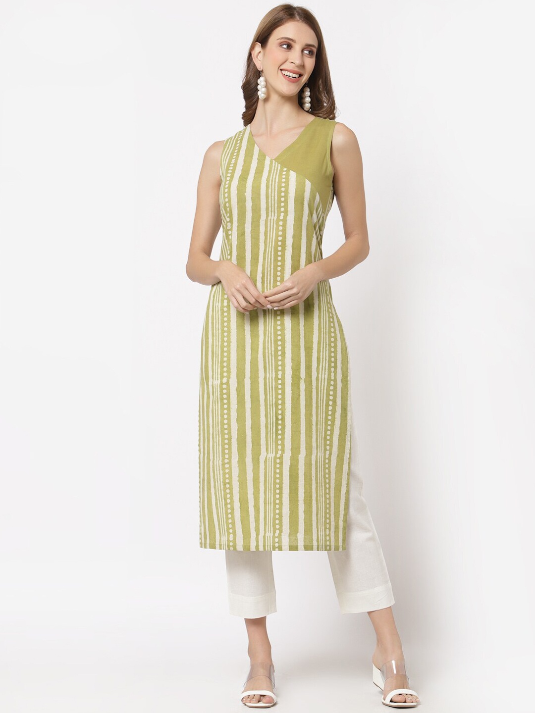 

KAMI KUBI Women Olive Green & White Striped Straight Kurta