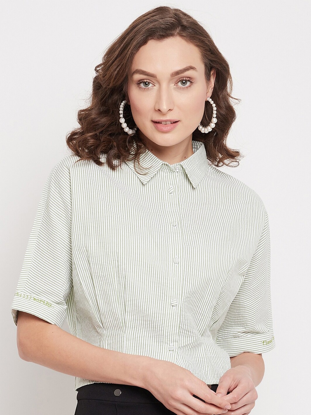 

Madame Women Green Striped Casual Shirt