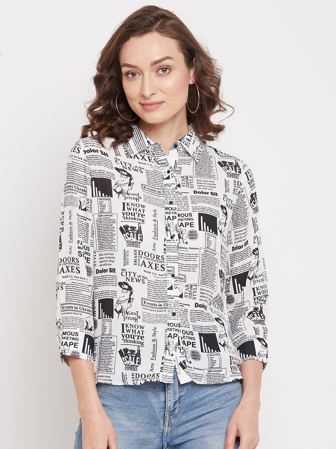 

Madame Women White Printed Casual Shirt