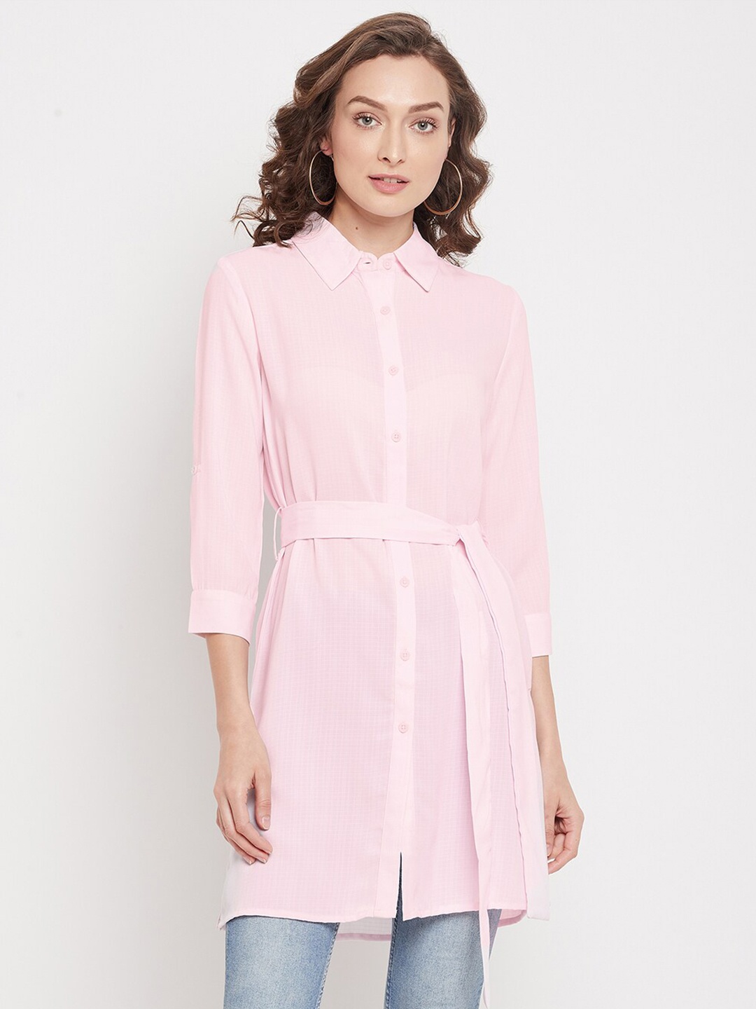 

Madame Pink Solid Shirt Collar Cotton Tunic