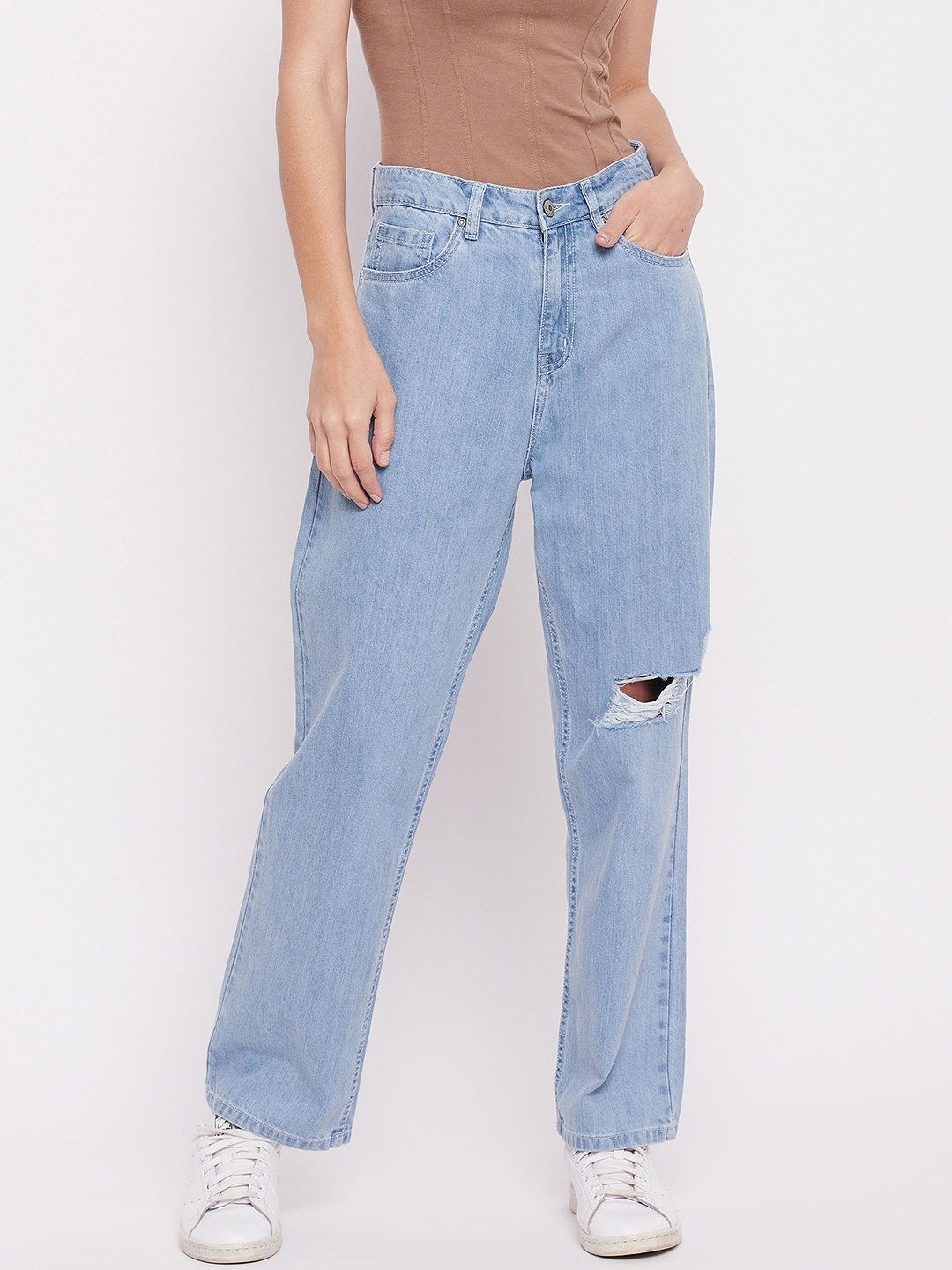 

Madame Women Blue Boyfriend Fit Slash Knee Light Fade Jeans