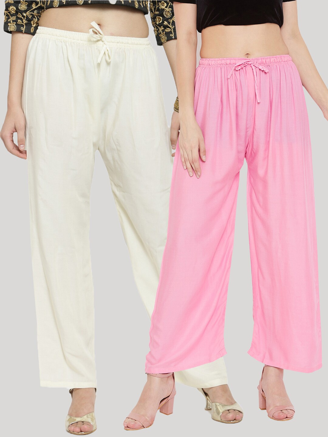 

Clora Creation Women Pack Of 2 White & Pink Solid Palazzos