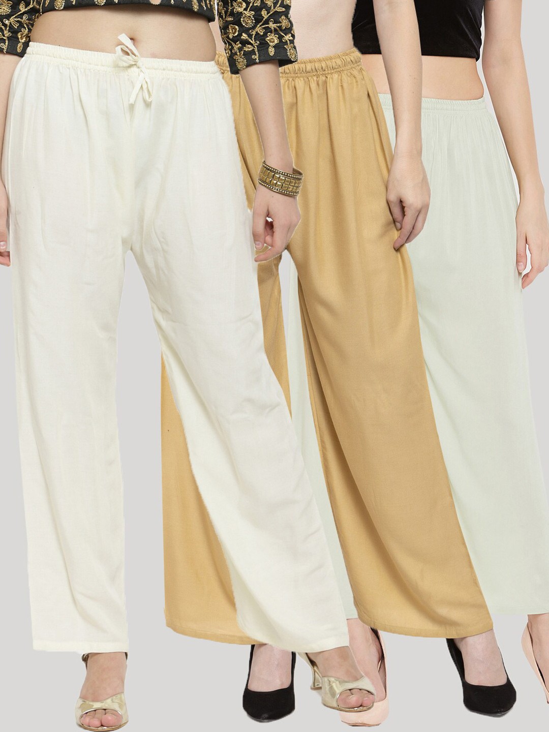 

Clora Creation Women Set Of 3 White & Beige Flared Solid Palazzos