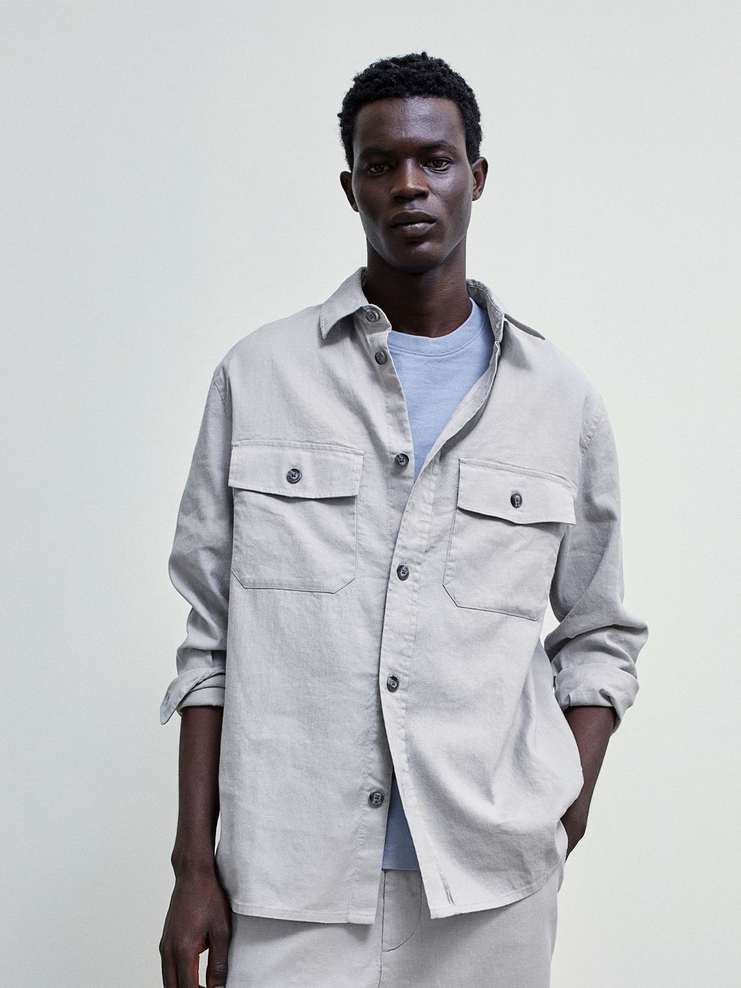 

H&M Men Grey Regular Fit Linen-Blend Overshirt