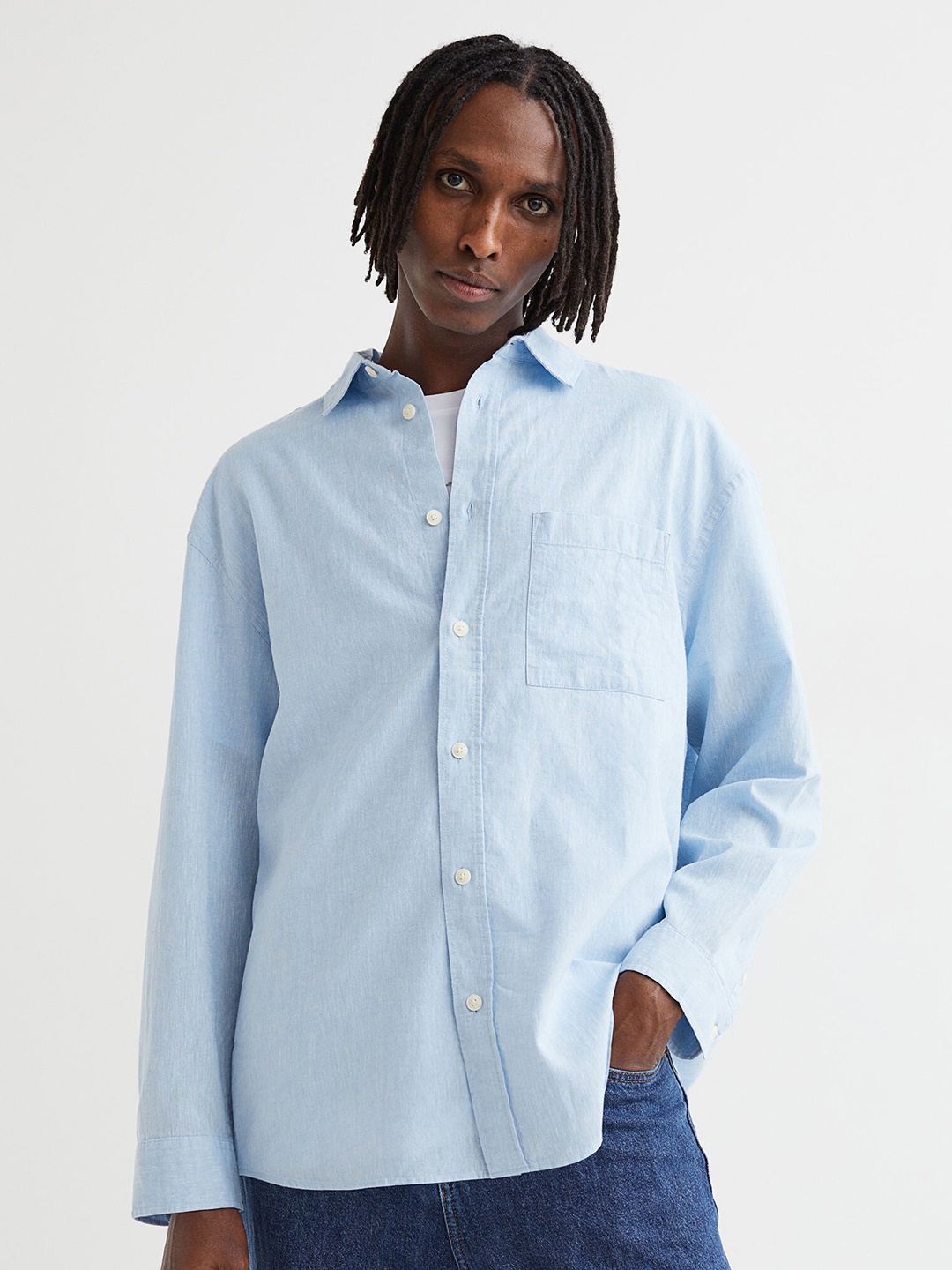 

H&M Men Blue Relaxed Fit Linen-Blend Shirt