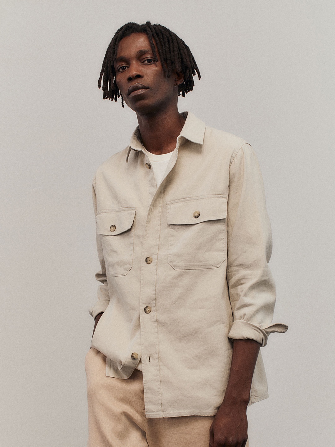 

H&M Men Beige Regular Fit Linen-blend Overshirt