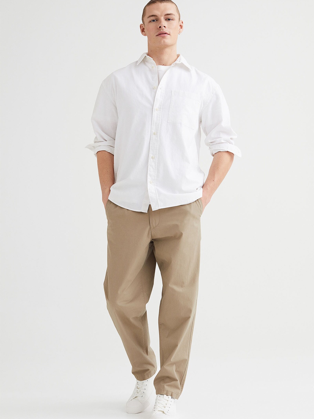 

H&M Men White Solid Relaxed Fit Linen-Blend Shirt