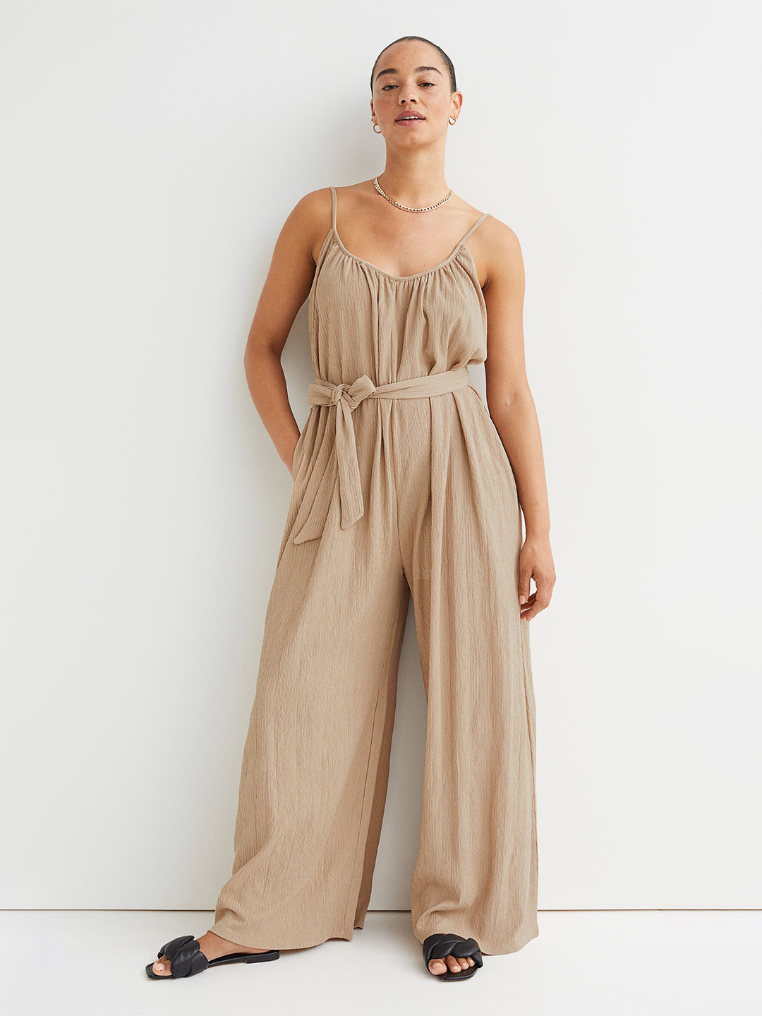 

H&M Women Beige Solid Tie-Belt Jumpsuit