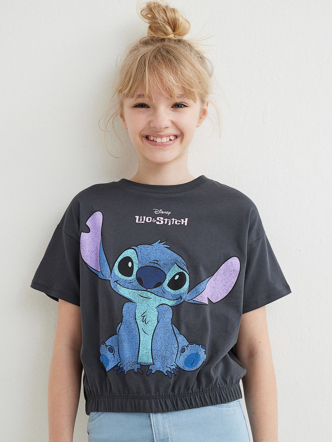 

H&M Girls Grey & Blue Printed T-shirt