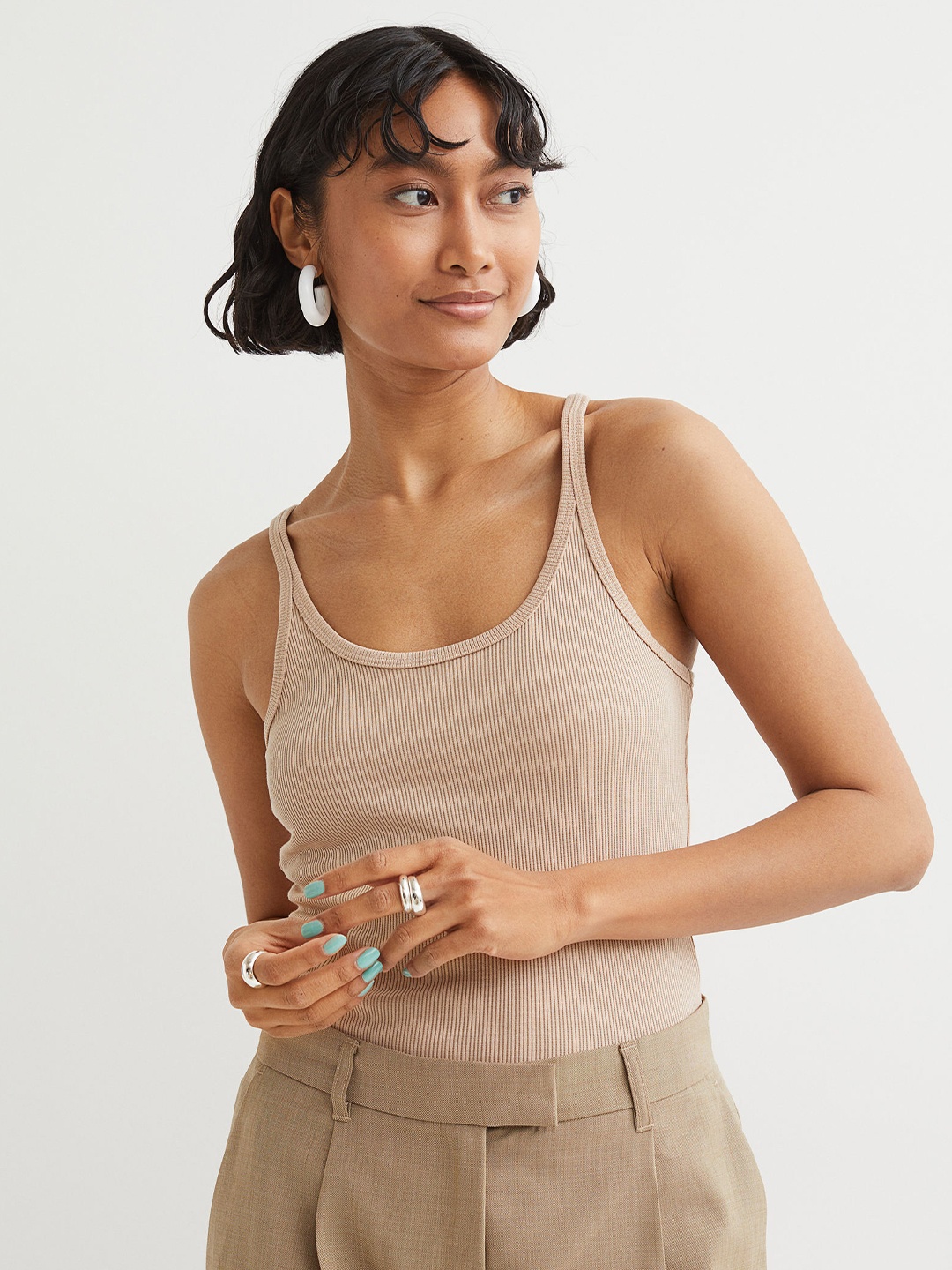 

H&M Women Beige Ribbed Vest Top