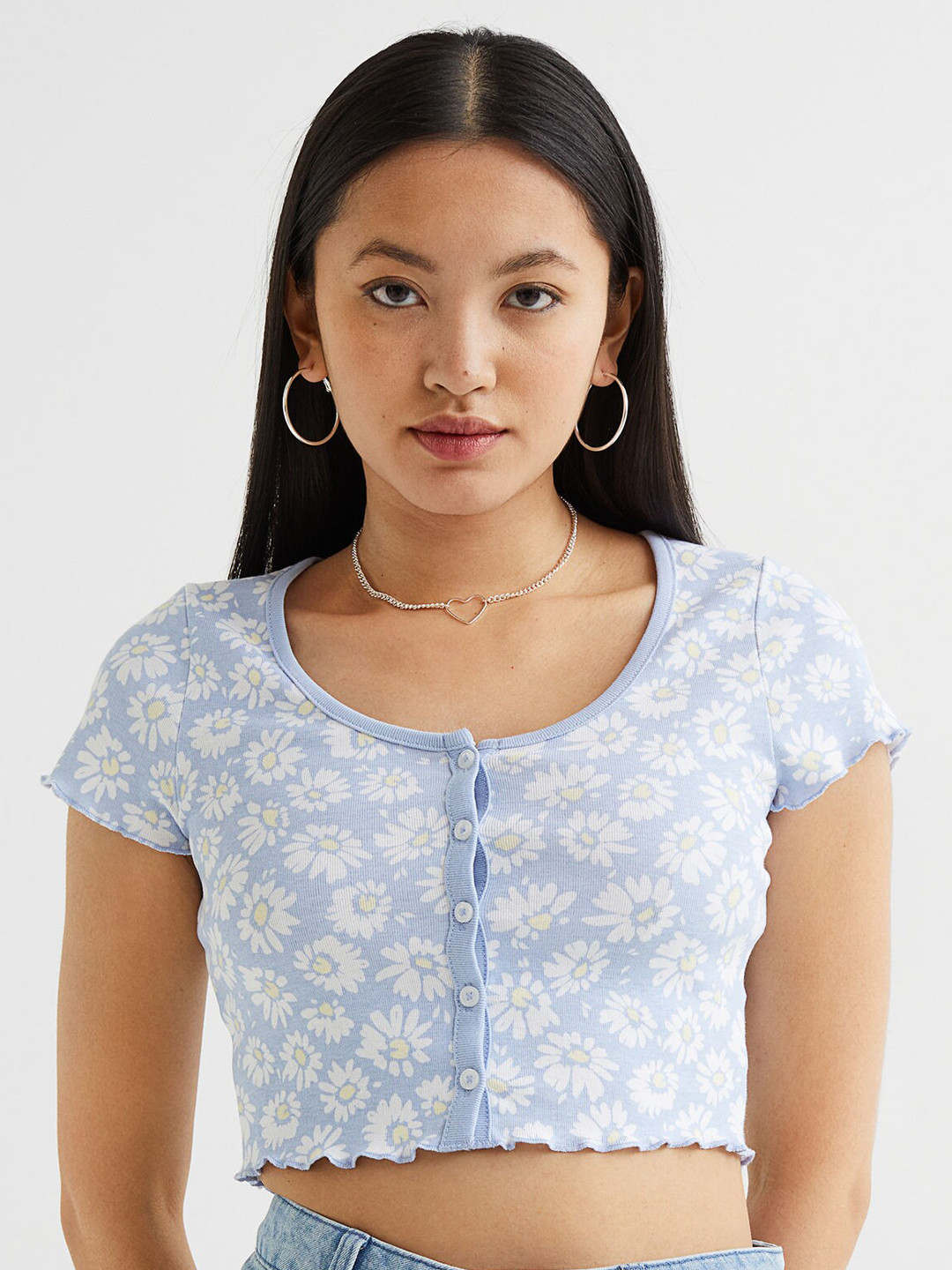 

H&M Blue Printed Cropped Pure Cotton Button-Front Top