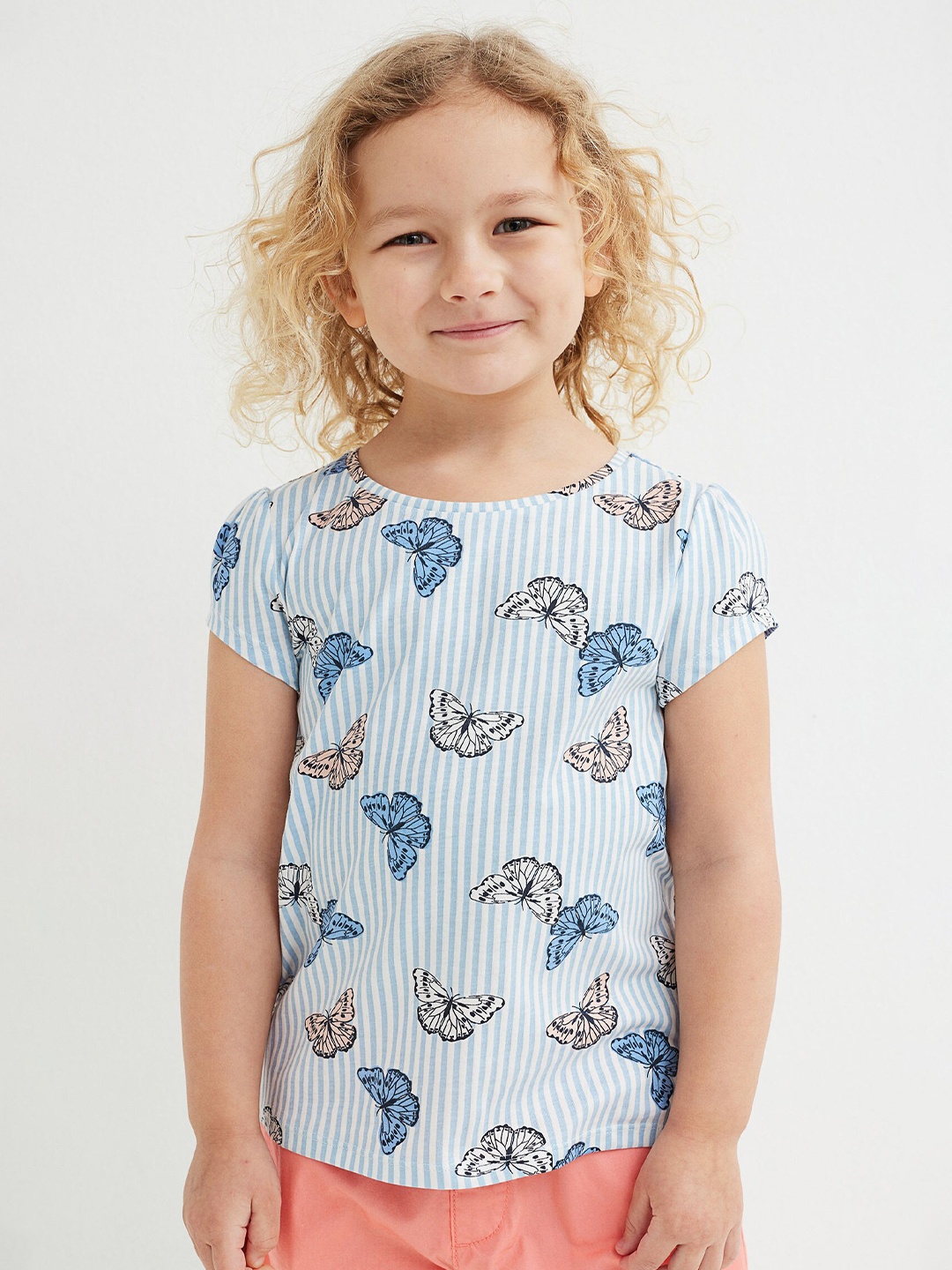 

H&M Girls Blue Butterfly Printed Puff-Sleeved Jersey Top