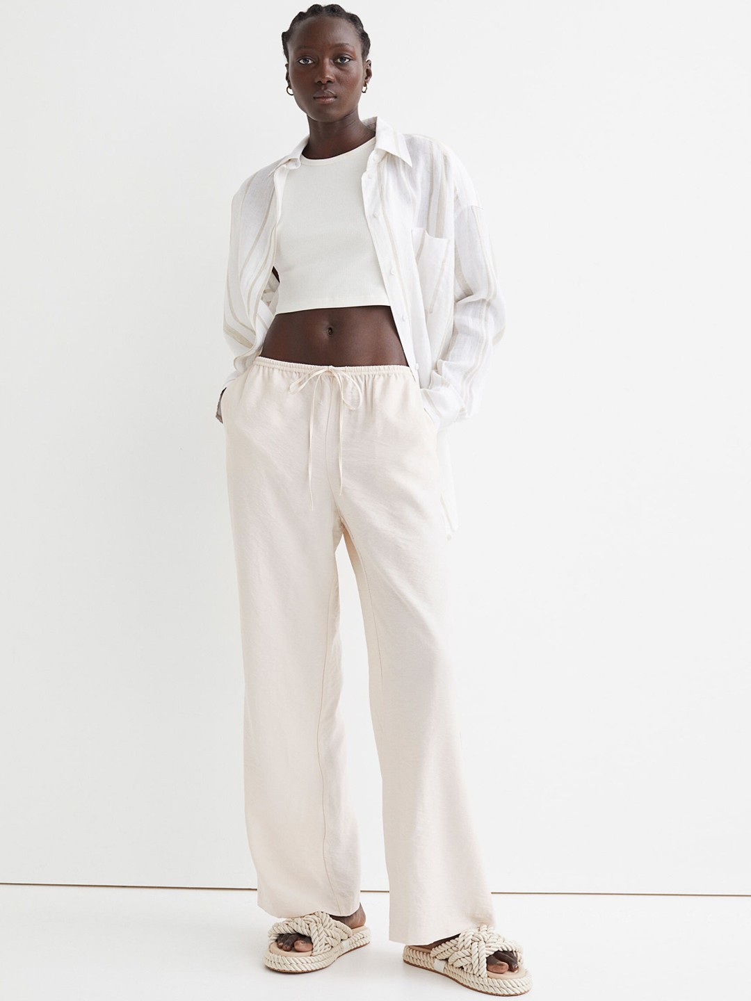 

H&M Women Wide Satin Trousers, White