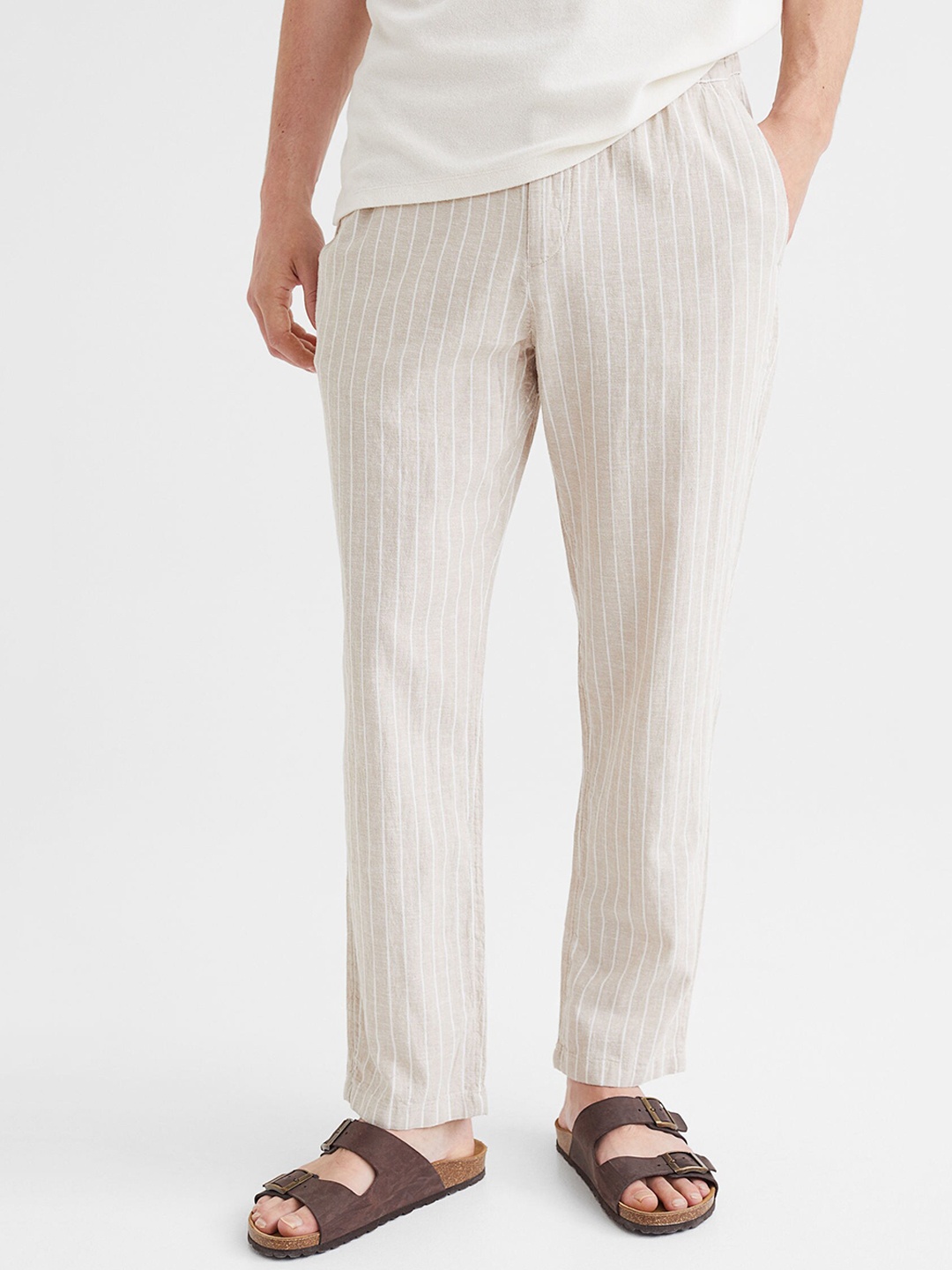 

H&M Men Beige & White Striped Regular Fit Linen-Mix Trousers