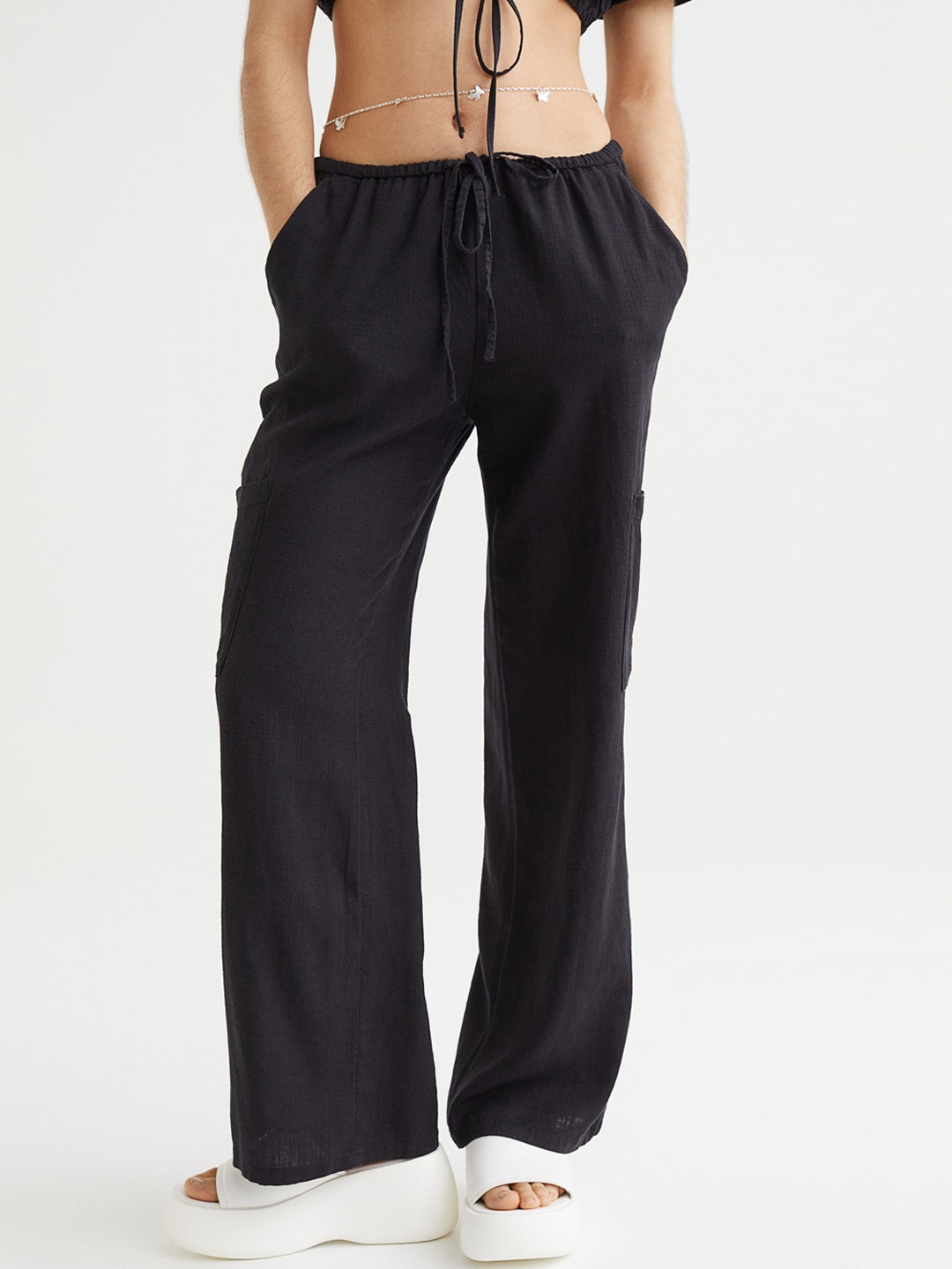 

H&M Women Black Wide Linen-Blend Trousers
