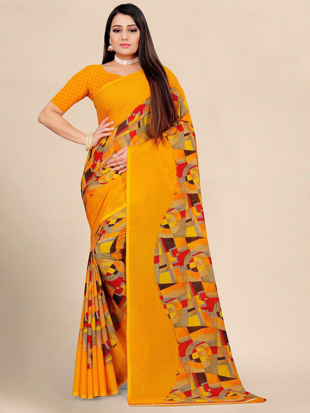 

KALINI Yellow & Red Pure Georgette Block Print Saree