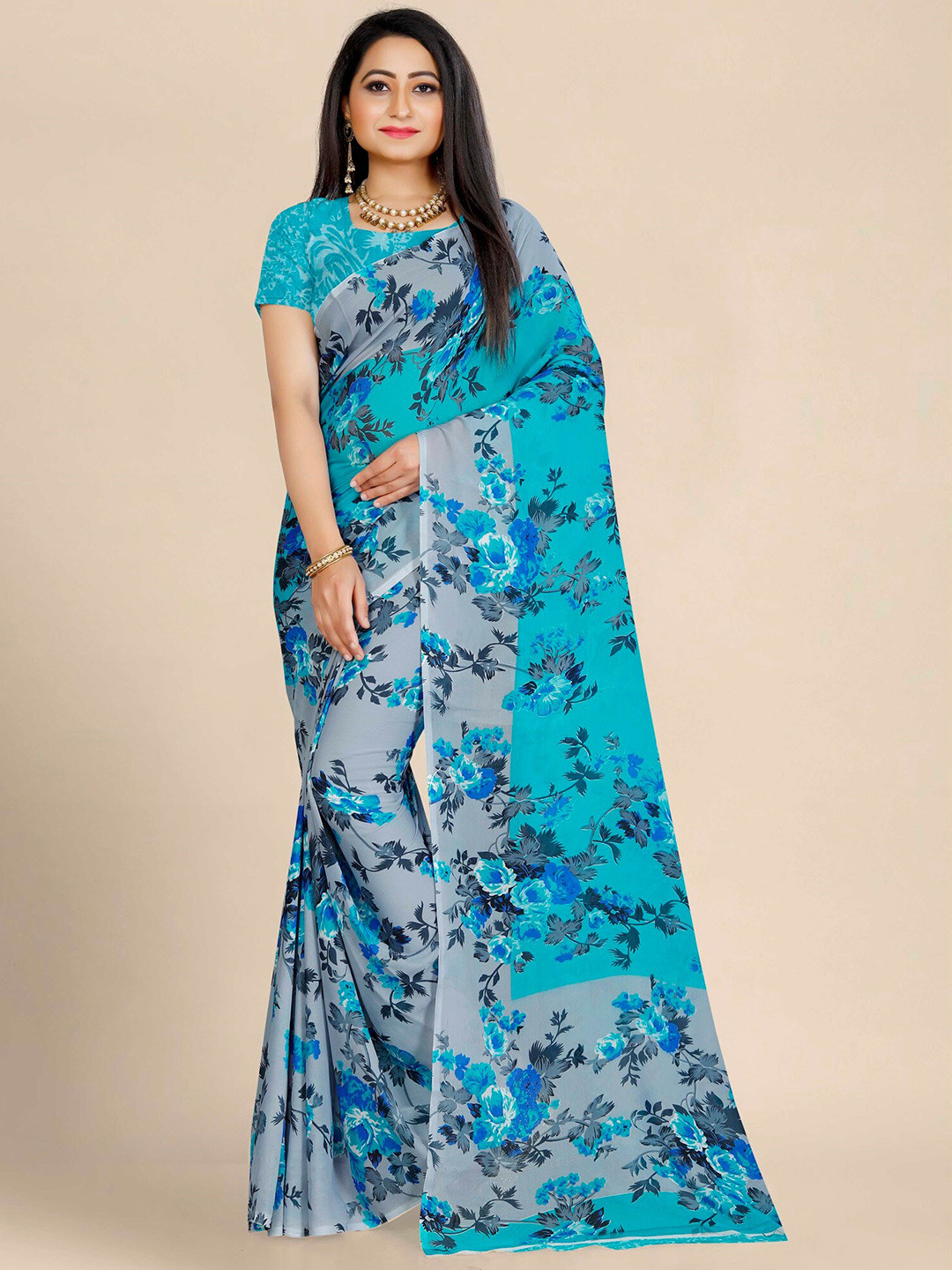 

KALINI Blue Floral Pure Georgette Block Print Saree