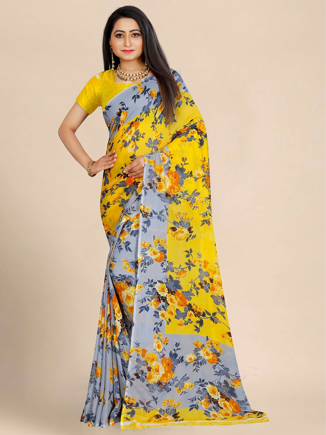 

KALINI Multicoloured Floral Printed Pure Georgette Block Print Saree, Multi