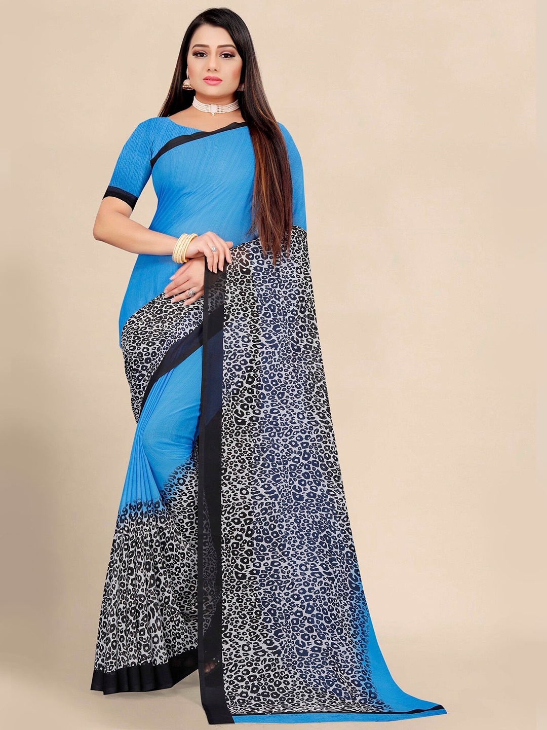 

KALINI Blue & Black Pure Georgette Block Print Saree