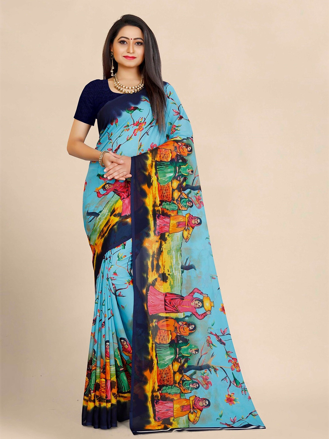 

KALINI Blue & Green Ethnic Motifs Pure Georgette Block Print Saree