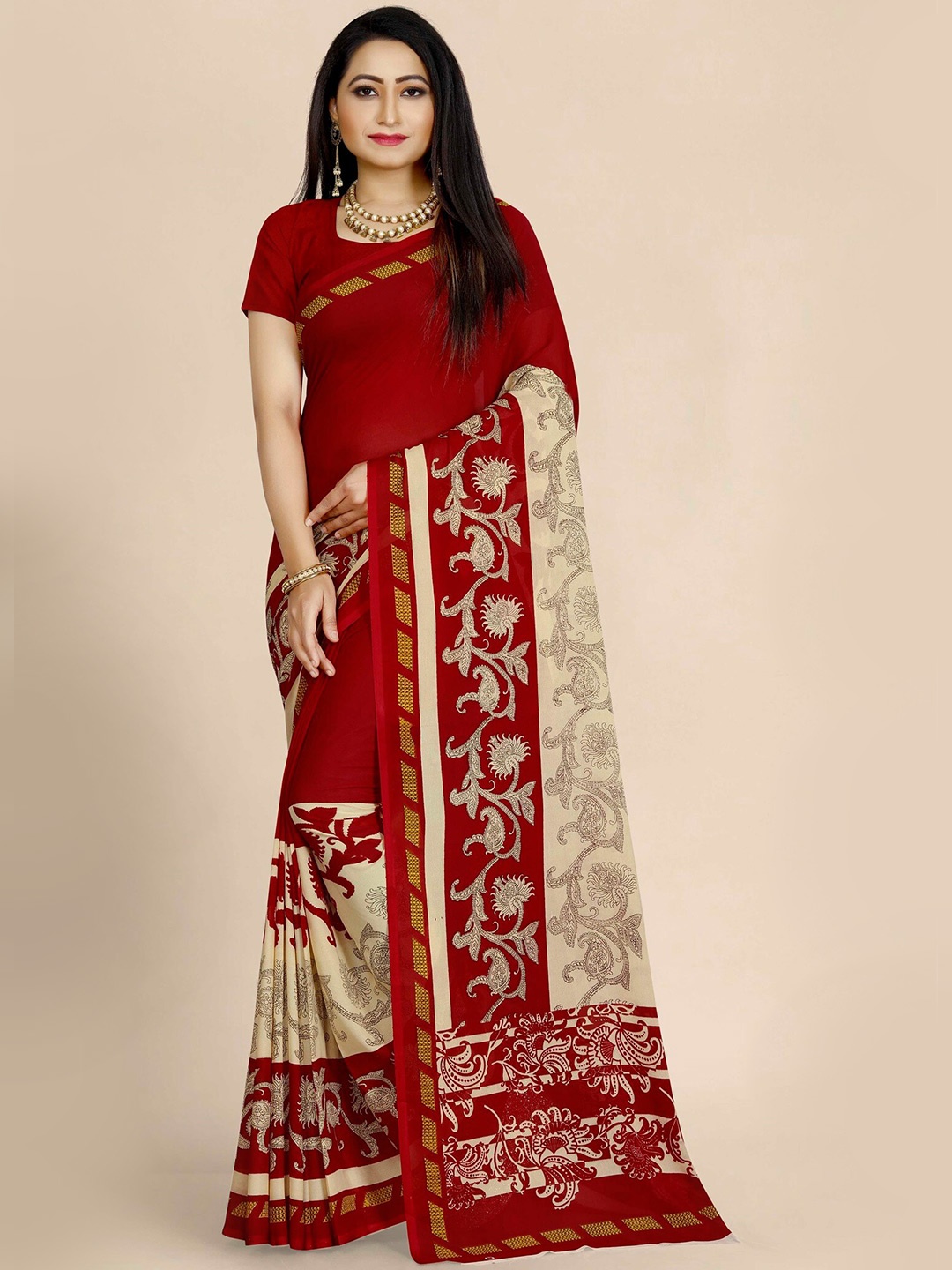 

KALINI Red & Gold-Toned Paisley Pure Georgette Block Print Saree