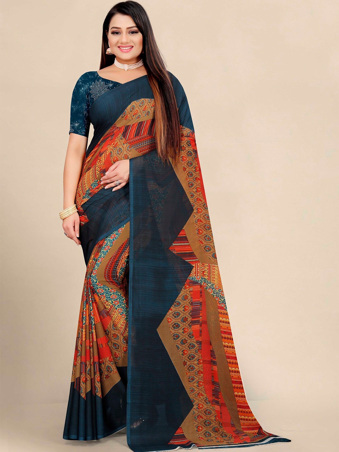 

KALINI Navy Blue & Camel Brown Ethnic Motifs Pure Georgette Block Print Saree