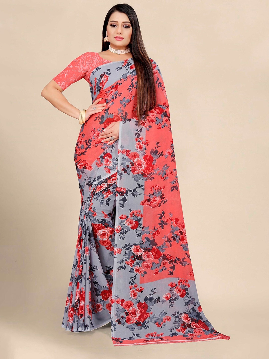 

KALINI Peach-Coloured & Grey Floral Pure Georgette Block Print Saree
