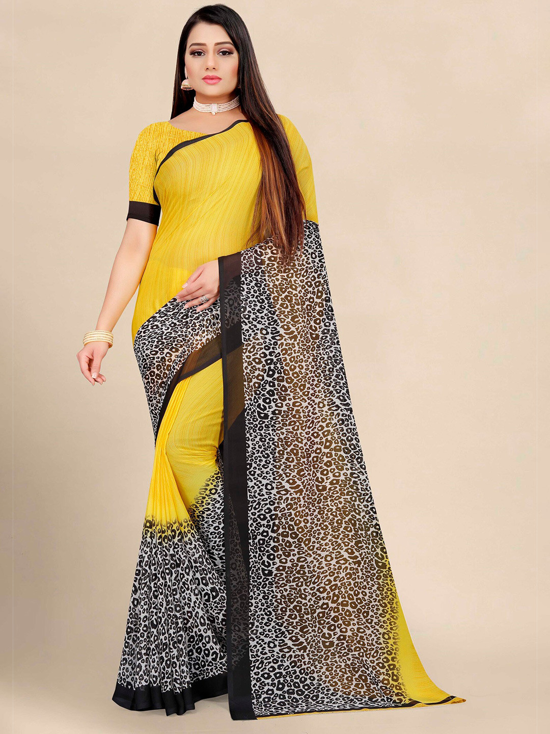 

KALINI Yellow & Black Pure Georgette Block Print Saree