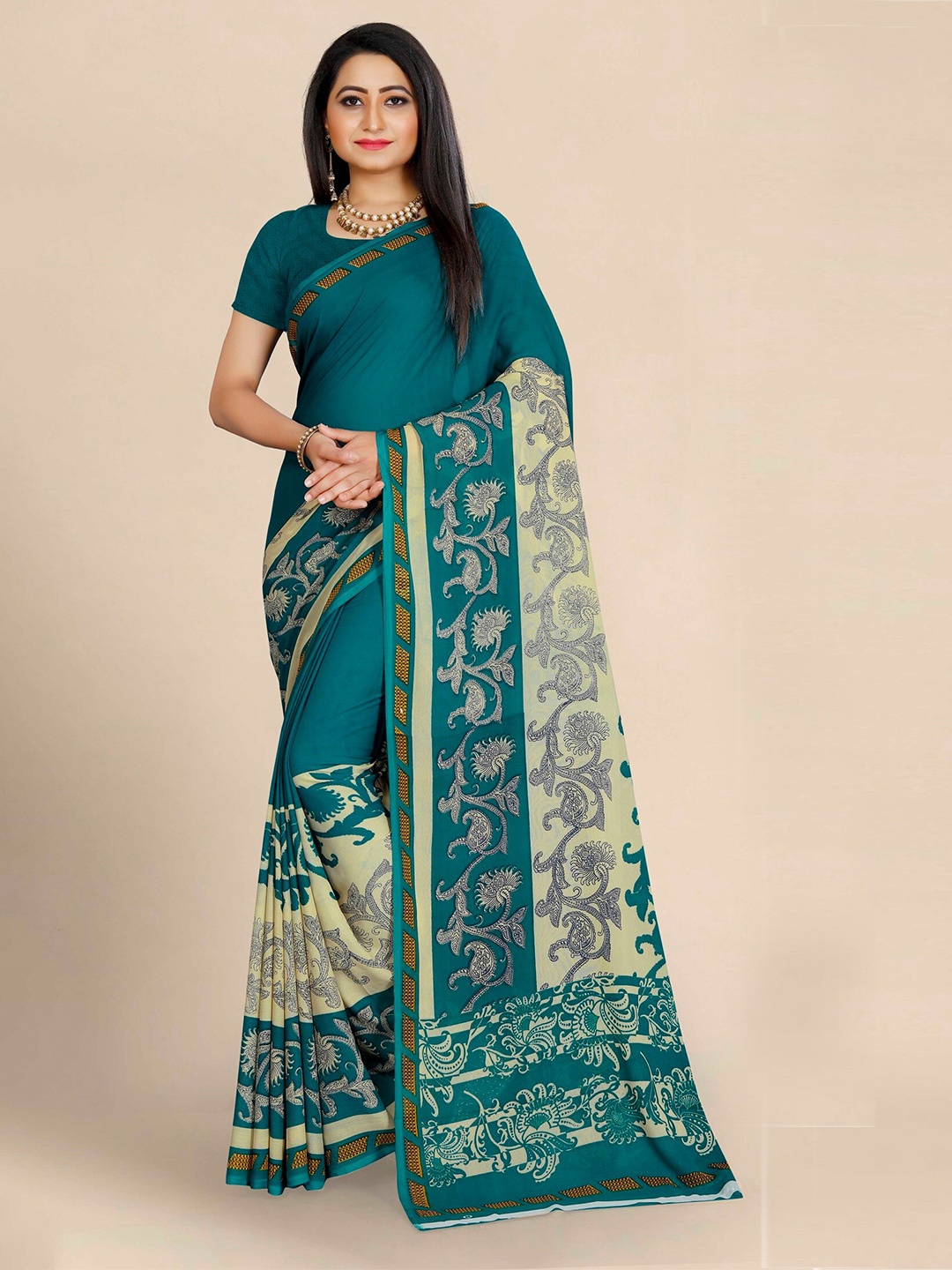 

KALINI Green & Cream-Coloured Ethnic Motifs Pure Georgette Block Print Saree