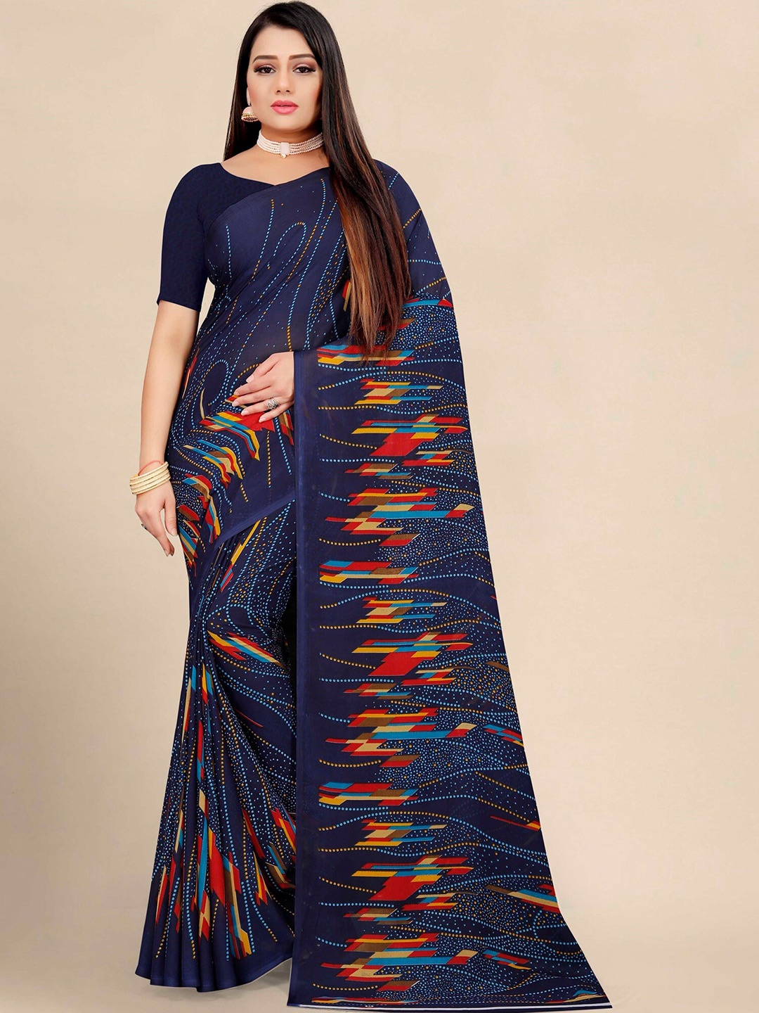

KALINI Blue & Red Floral Pure Georgette Block Print Saree
