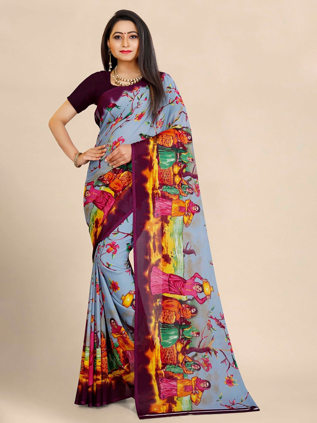 

KALINI Grey & Maroon Ethnic Motifs Pure Georgette Block Print Saree