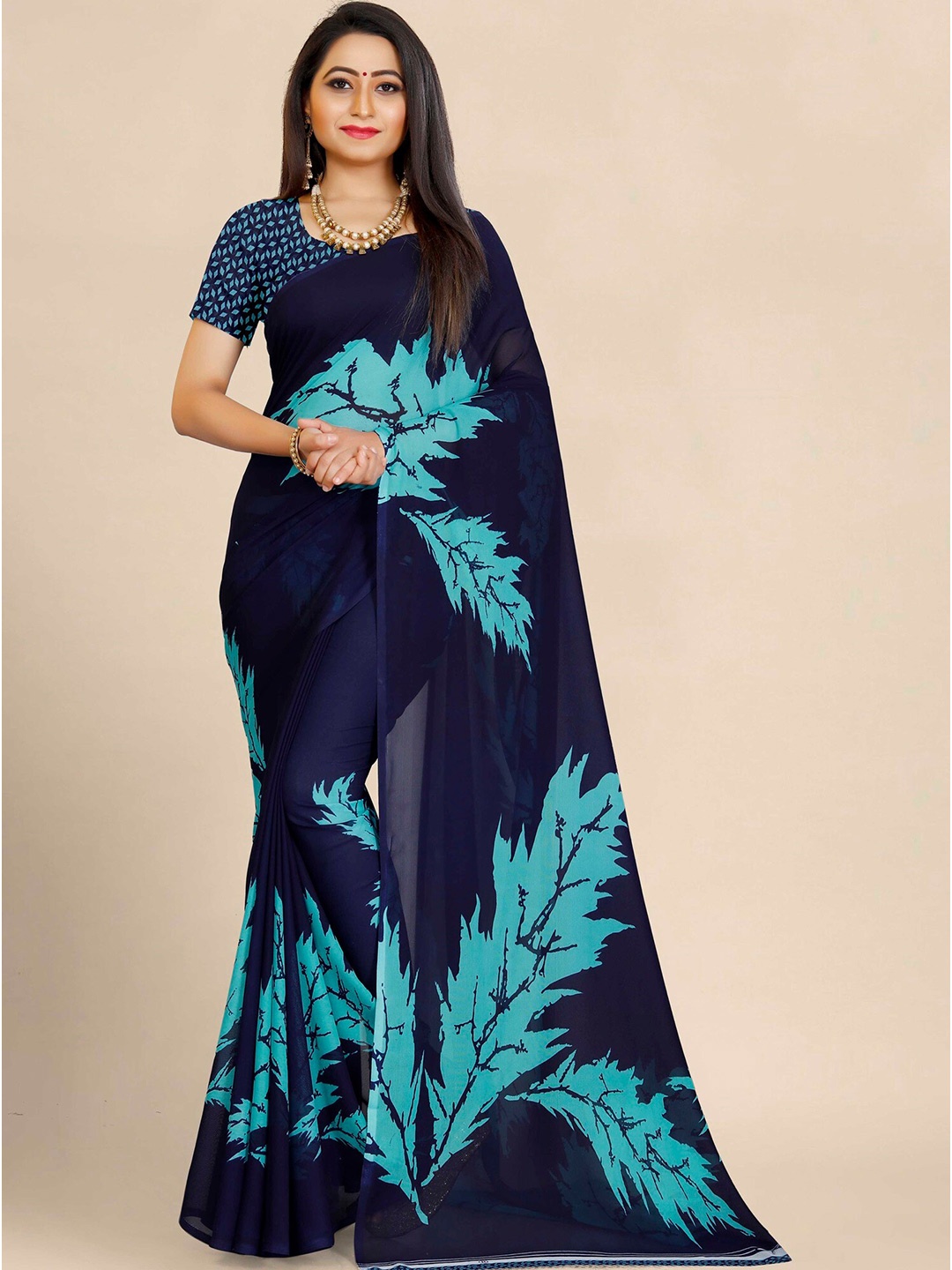 

KALINI Multicoloured Floral Pure Georgette Block Print Saree, Multi