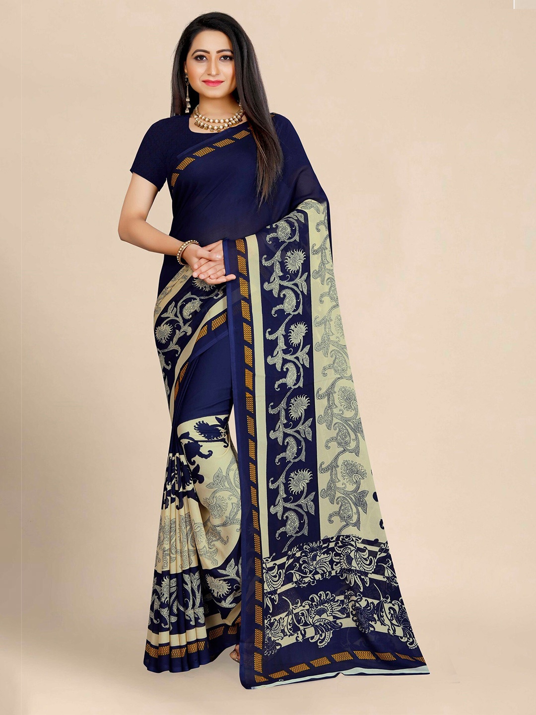 

KALINI Navy Blue & Cream-Coloured Floral Pure Georgette Saree