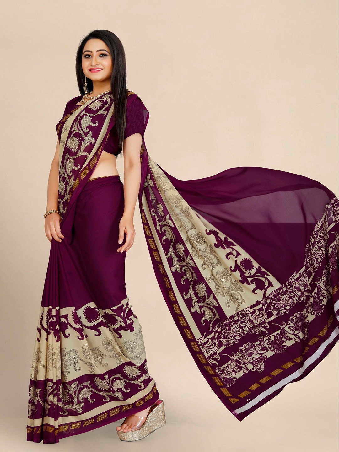 

KALINI Multicoloured Floral Pure Georgette Block Print Saree, Multi