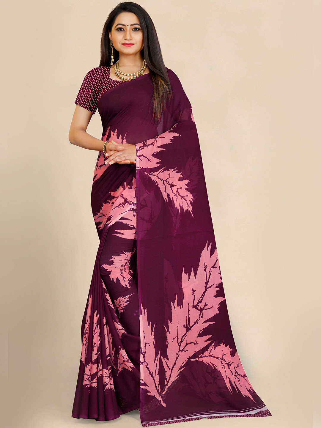 

KALINI Purple & Pink Floral Pure Georgette Block Print Saree